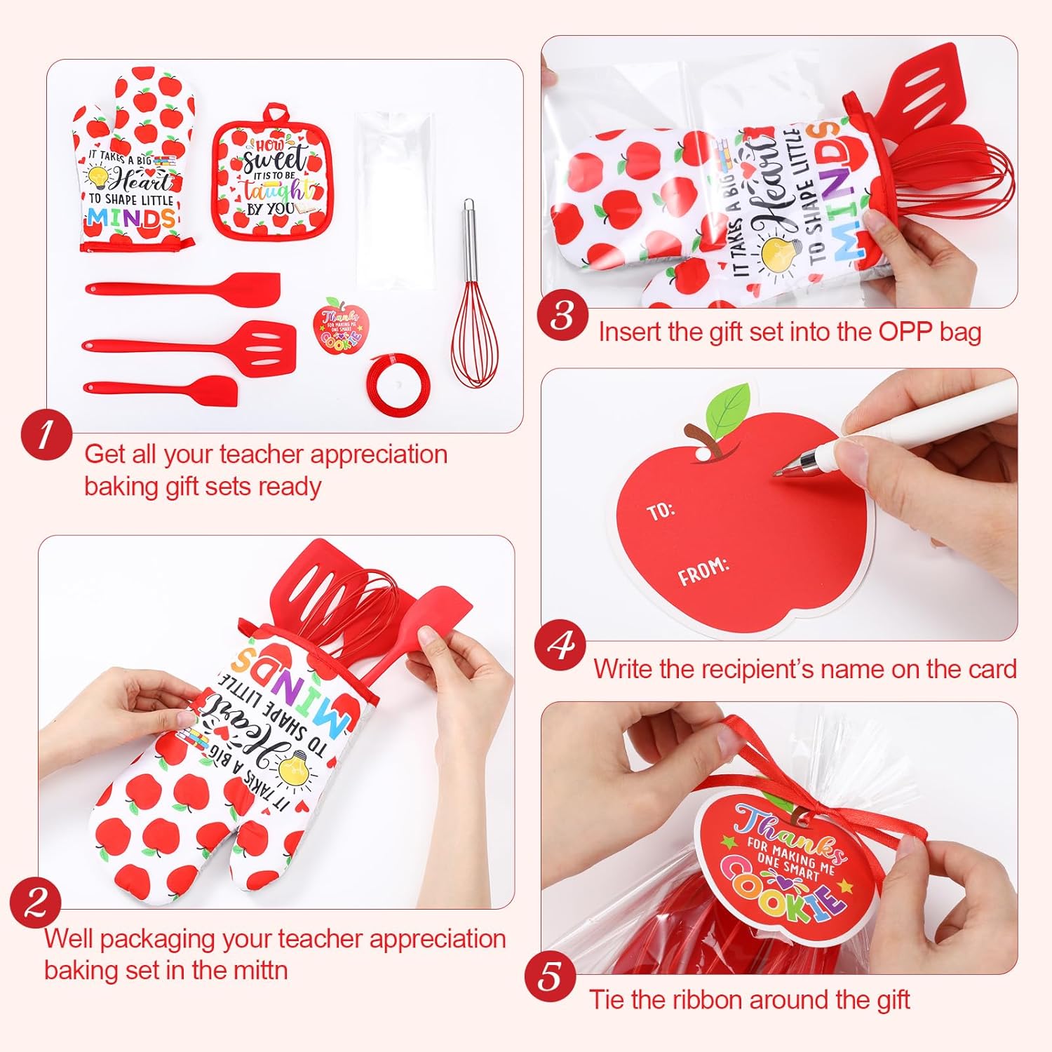 Teacher Gifts for Christmas Bulk 42 Pcs Baking Gift Set 6 Oven Mitt & Pot Holder Bundles with Red Silicone Utensils Thank You Cards & Gift Wrap Holiday Classroom Teacher Appreciation Gifts