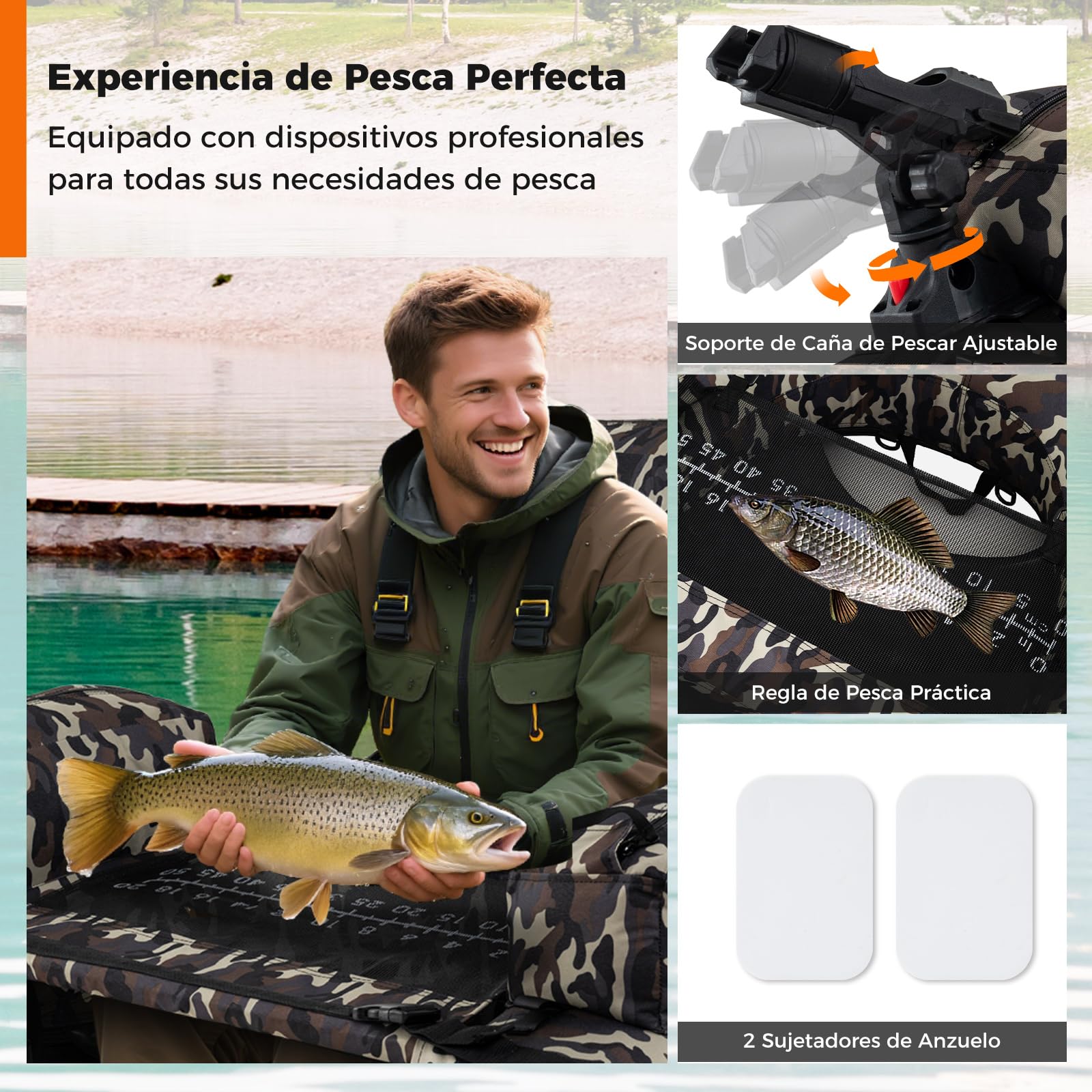 COSTWAY Flotador de Pesca Inflable, Bote Portátil con Remo, Bomba, Aletas, Soporte para Caña de Pescar, Regla para Peces, Almacenamiento, Capacidad 150 kg, Ideal para Adultos en Lagos y Ríos