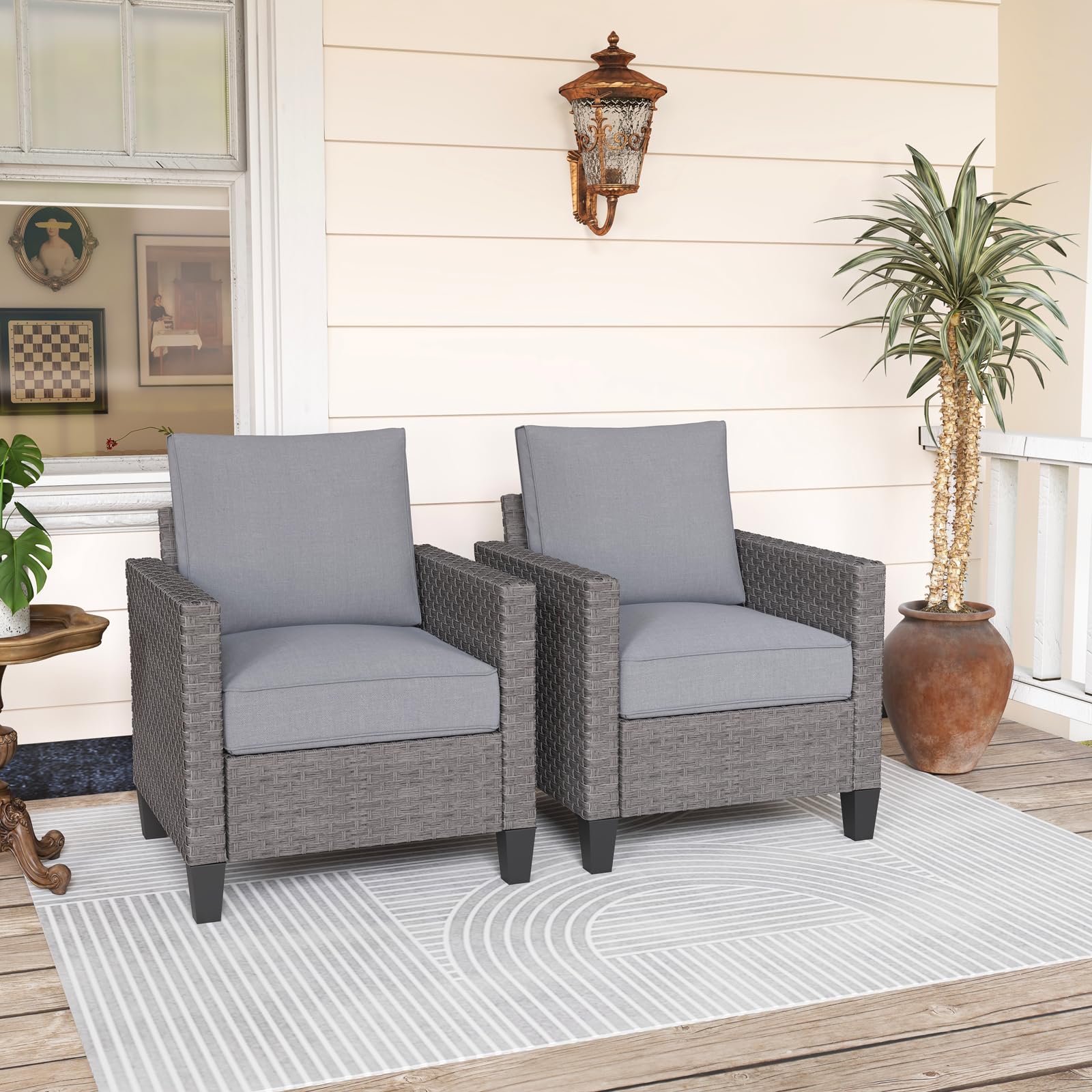 SUNSITT Set of 2 Outdoor Wicker Patio Chairs with Grey Cushions