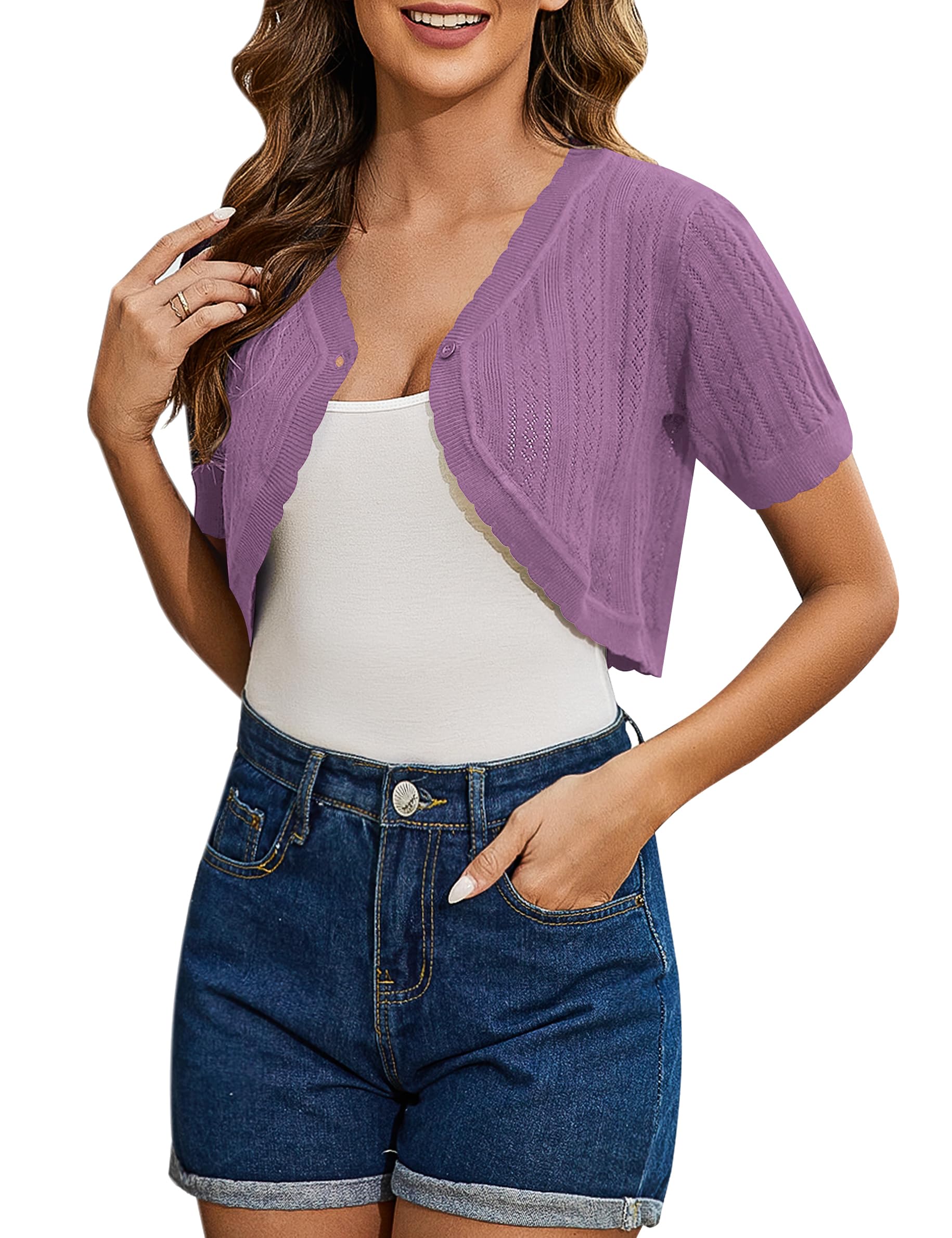 Totatuit Women's Short Sleeve Cropped Cardigan Open Front Bolero Shrugs for Dresses Crochet Button Down Sweaters