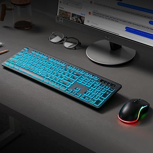 Miniatura 6 de Combo de teclado y mouse inalámbricos de impresión grande retroiluminada, teclados de tamaño completo de 2.4 G con teclas grandes iluminadas, teclas