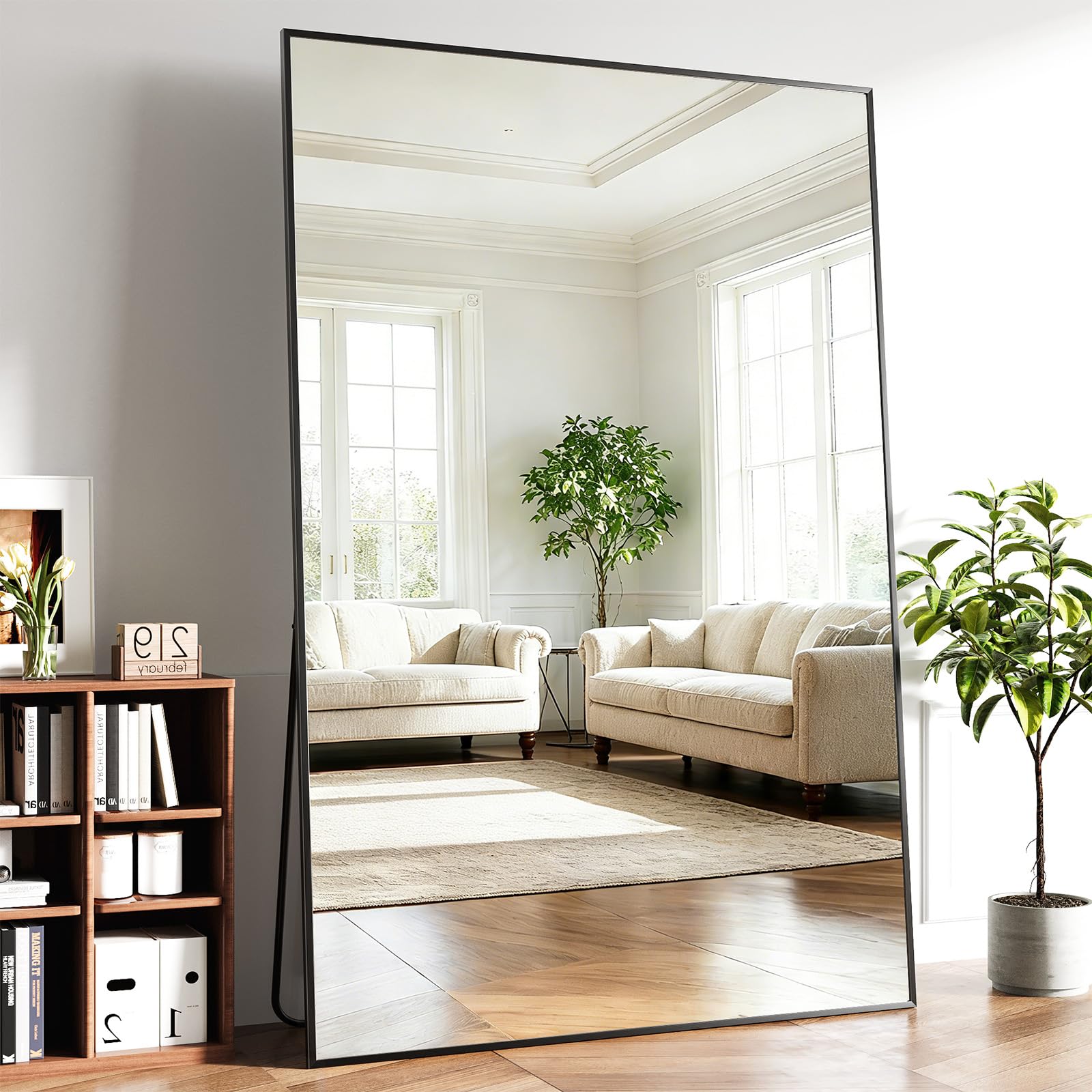 full length mirror, 77"x38" large floor mirror with stand, tall full body mirrors for bedroom, hanging mounted for living room cloakroom, aluminum alloy frame, black