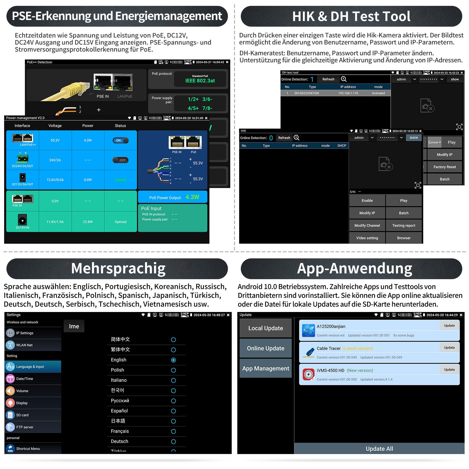 Henkion CCTV-Tester Monitor 4K 12MP ip kamera tester POE++ Max. 90W POE-Kameratest 8" 1920x1200 IPS-Touchscreen 1CH SFP-Modul WLAN-Netzwerk-Tools Kabeltest POE-Erkennung Energiemanagement App-Updates