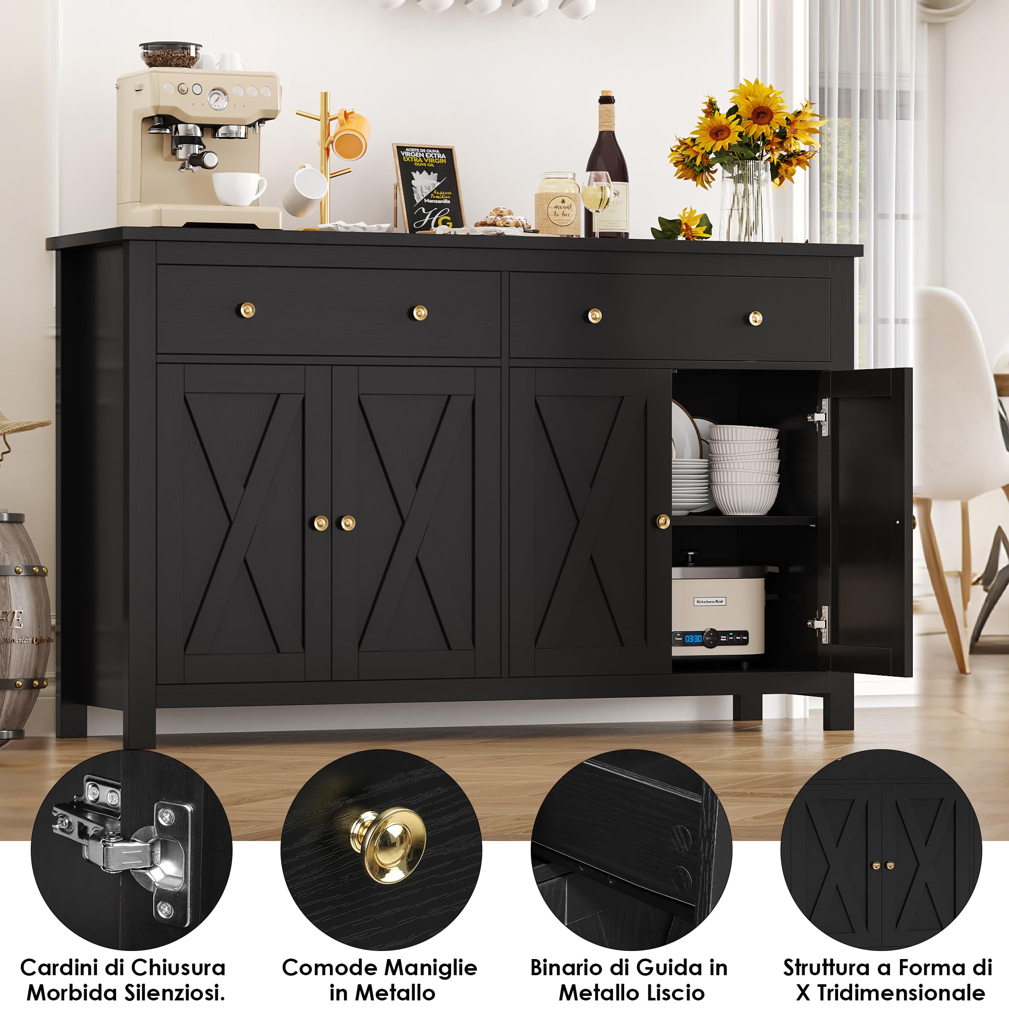 Credenza moderna in nero e oro con 4 ante, corpo MDF su gambe in metallo, grande capacità e ripiani regolabili in altezza per soggiorno, sala da pranzo o corridoio