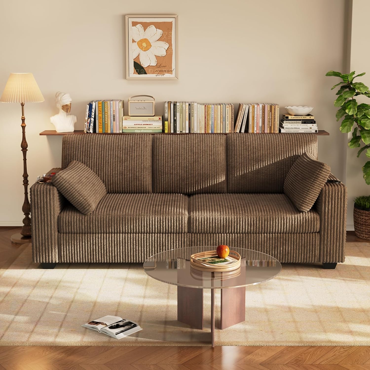 Wrofly 80'' Couches for Living Room, Corduroy Cloud Couch Sofa with Cup Holders & USB, 2 Pillows, Comfy 3 Seater Sofas, Modern loveseat Couch for Small Space,Apartment,Bedroom, Light Brown