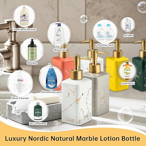 Miniatura 7 de Dispensador de jabón dorado para encimera de baño, botella dispensadora de jabón cuadrado blanco con rayas doradas para fregadero de cocina, loción