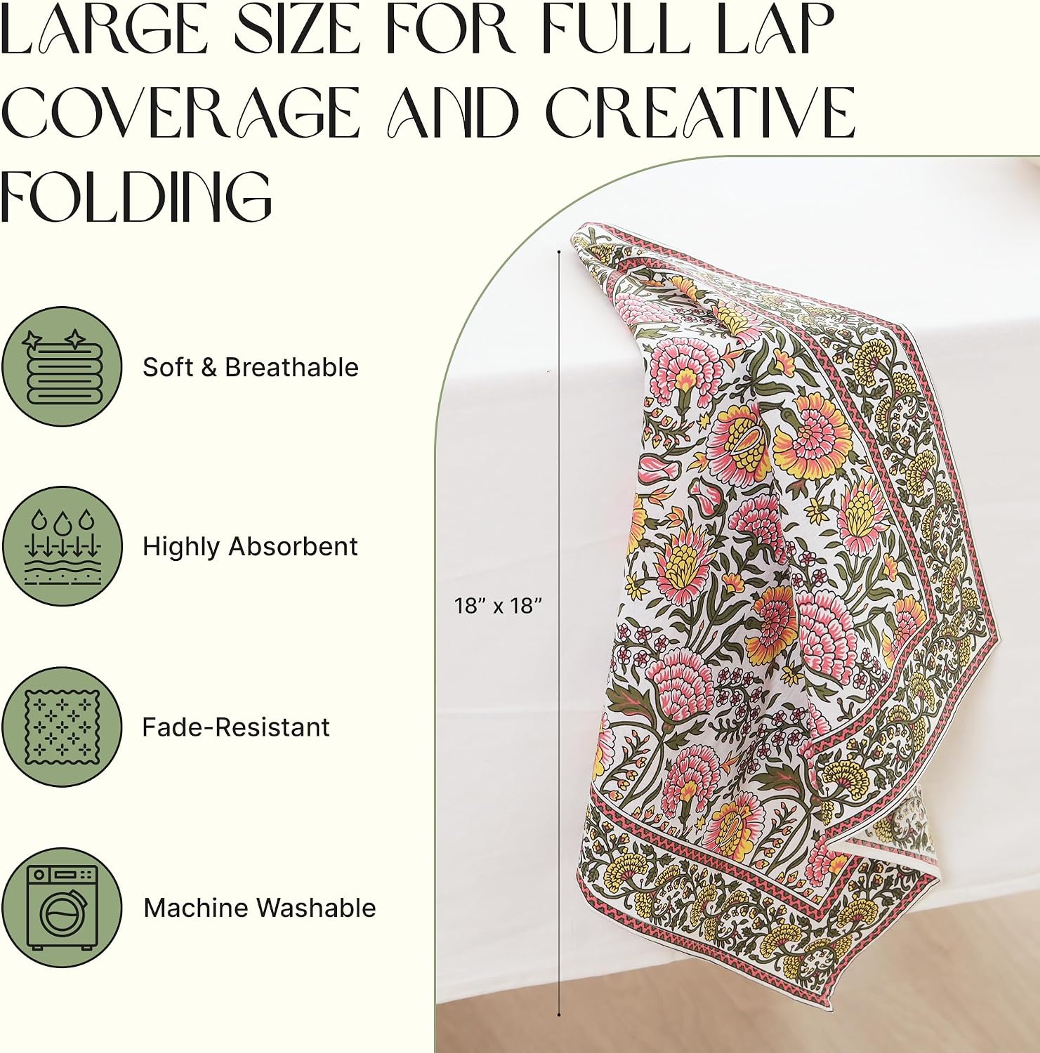 Floral Cloth Napkins Set of 12, Block Print Inspired 100% Cotton Dinner Napkins for Thanksgiving, Christmas & Fall, Reusable Wedding Linens, 18 x 18 Inch, Pink Meadow Floral