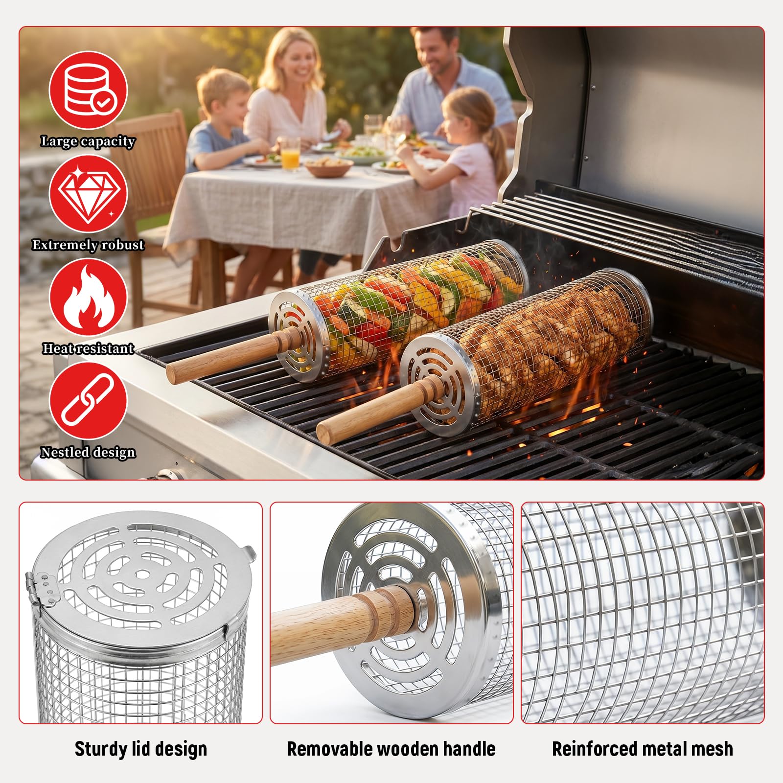 Panier à Barbecue Roulant, Paquet de 2 Paniers à Grillades Enroulable avec Poignée Détachable et Brosse Panier Grille Barbecue Emboîtables pour Légumes, Viande, Poisson Cadeau Hommes