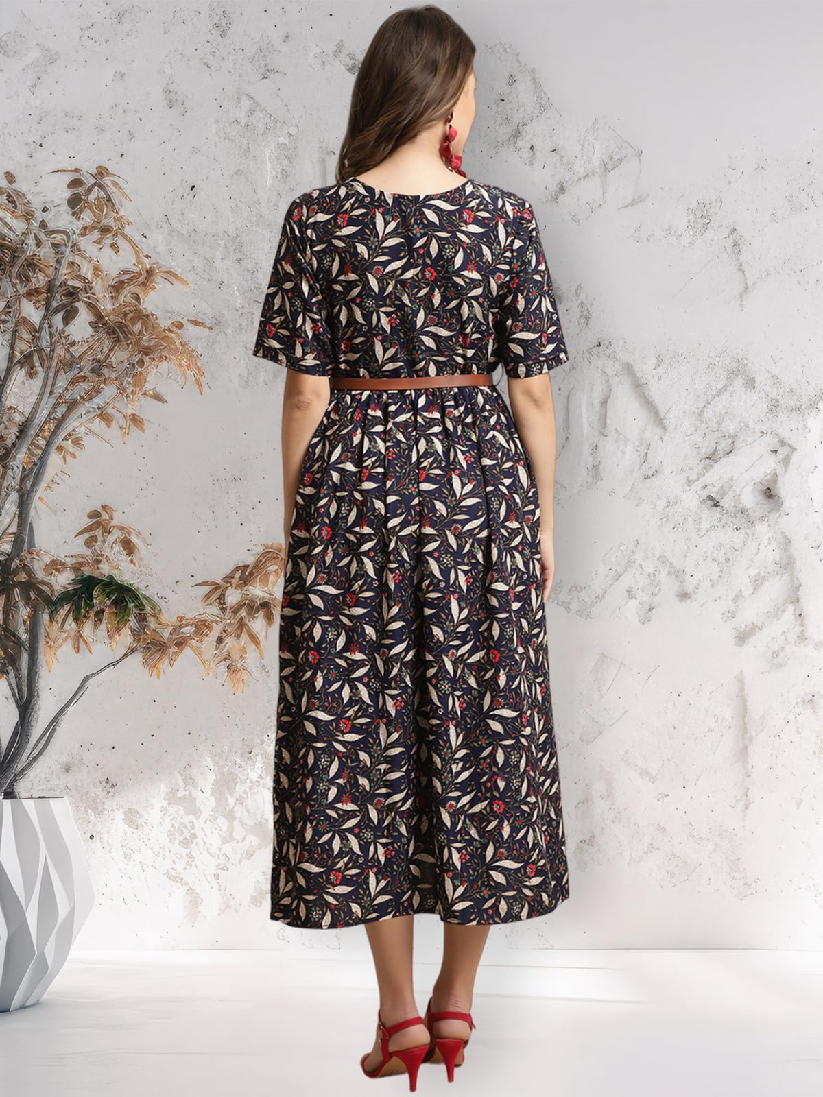 Preneum Girls's Georgette Floral Printed 3/4 Slevees A-Line Fit & Flare Gown With Belt, Jet Black, L