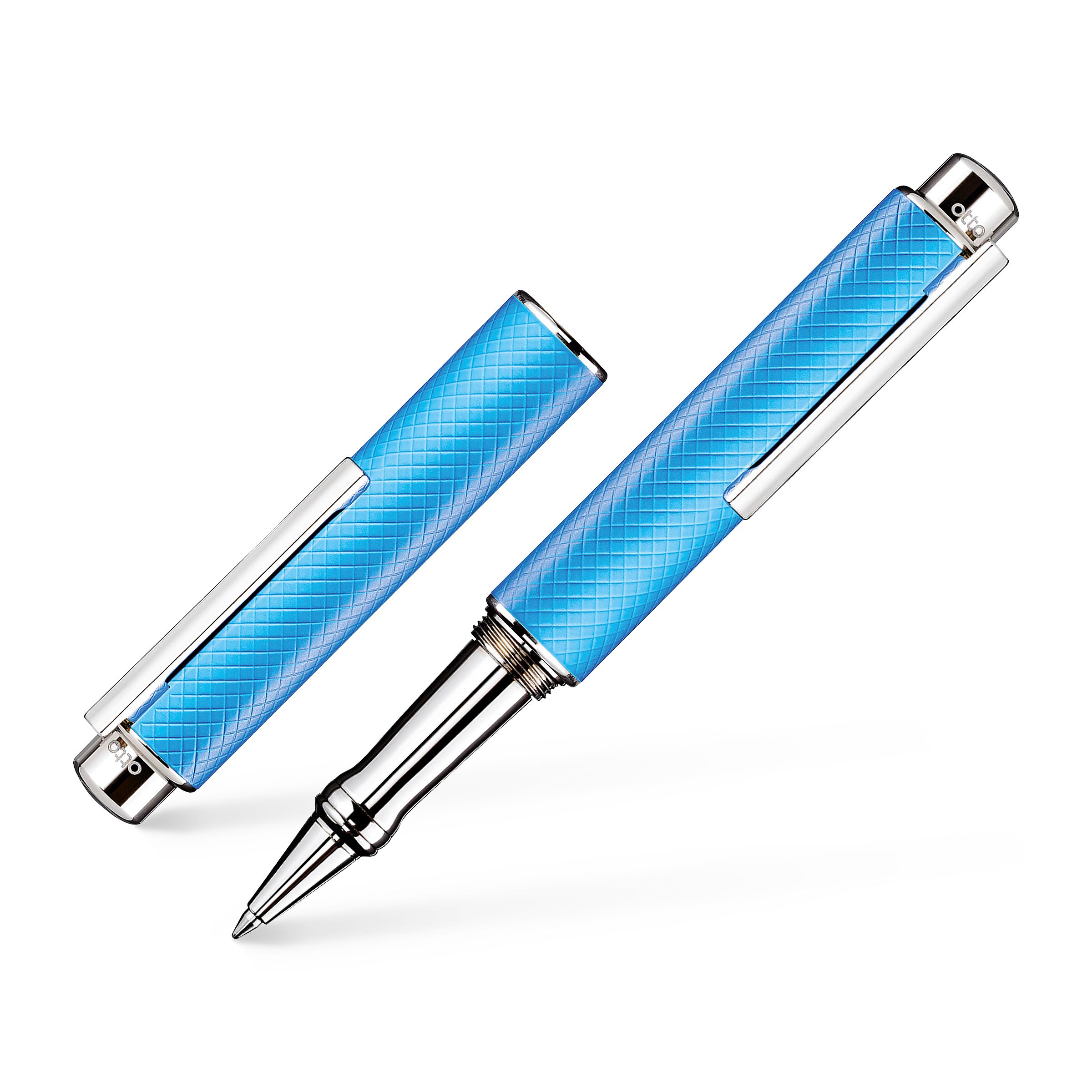 Otto Hutt 001-61990 - Kugelschreiber Design 05, mit hochwertiger Platin Beschichtung und Karo Guillochierung in der Farbe Blau - mit Gasdruckmine M, blau