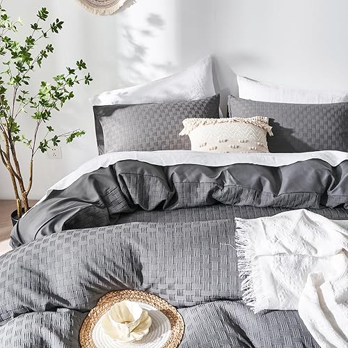 Miniatura 2 de Senville Juego de funda de edredón gris tamaño King, funda de edredón tamaño King, 3 piezas, suave y transpirable, texturizada, con cierre de