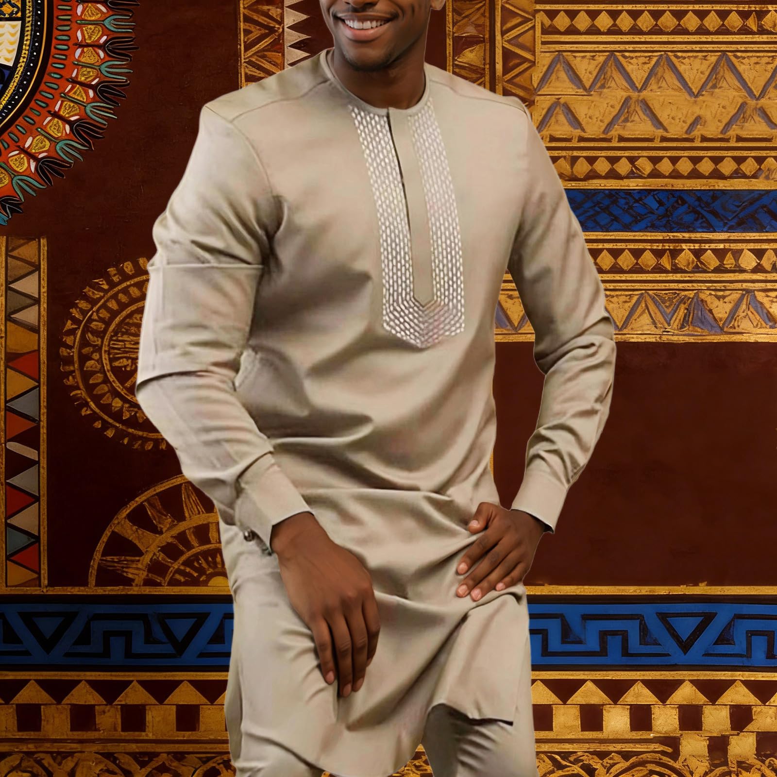 Générique Tenue Africaine Homme Dashiki Ensemble Africain 2 Pièces Pour Homme Boubou Africain Manche Longue Mode Hauts T-Shirts Affaires Africain Coupe Ajustée Fête Des Traditions Vêtements