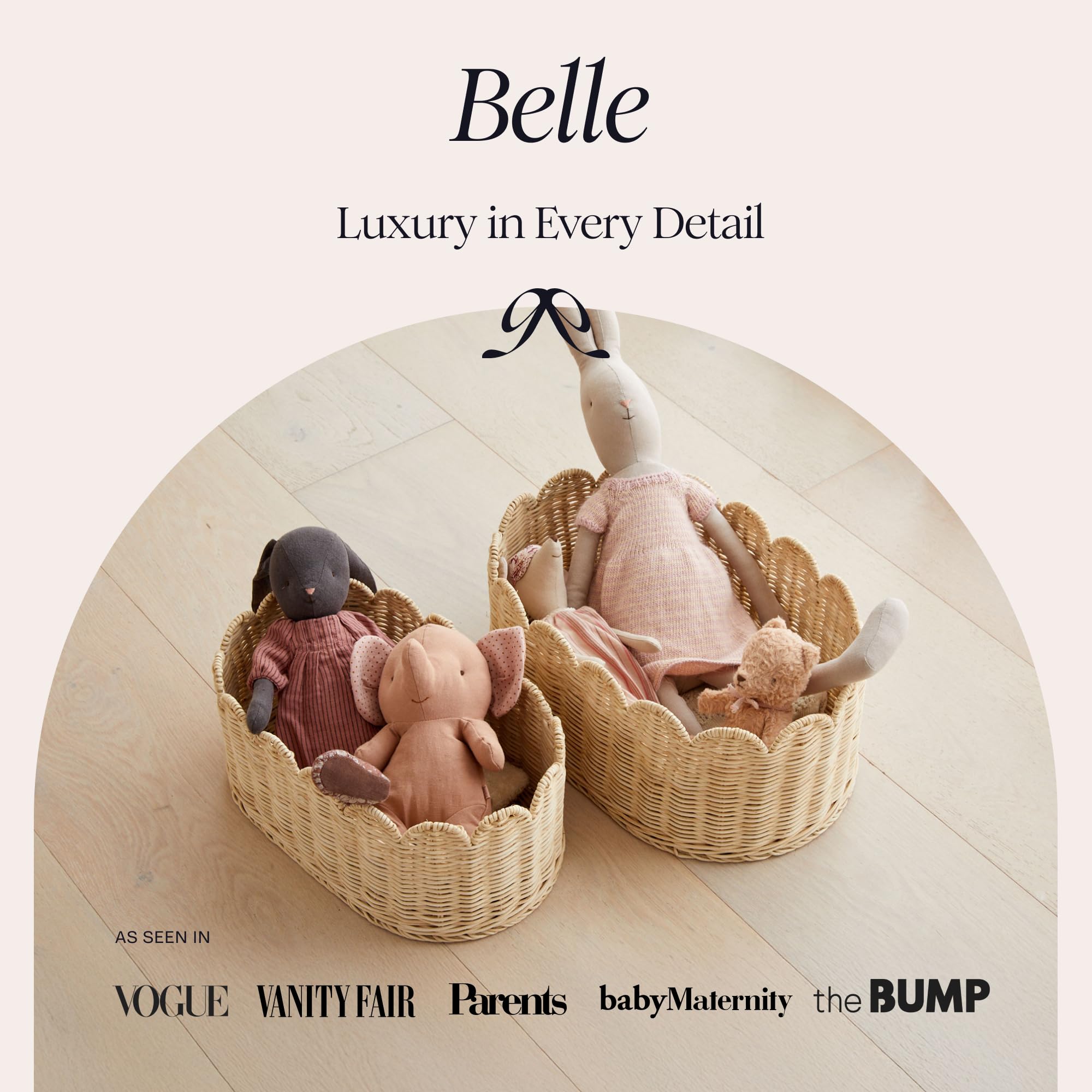 BEBE BASK Kosz z muszelkami premium, zestaw 2 szt., 40 x 25 x 18 cm, ręcznie tkany, elegancki wiklinowy z krawędzią (naturalny)
