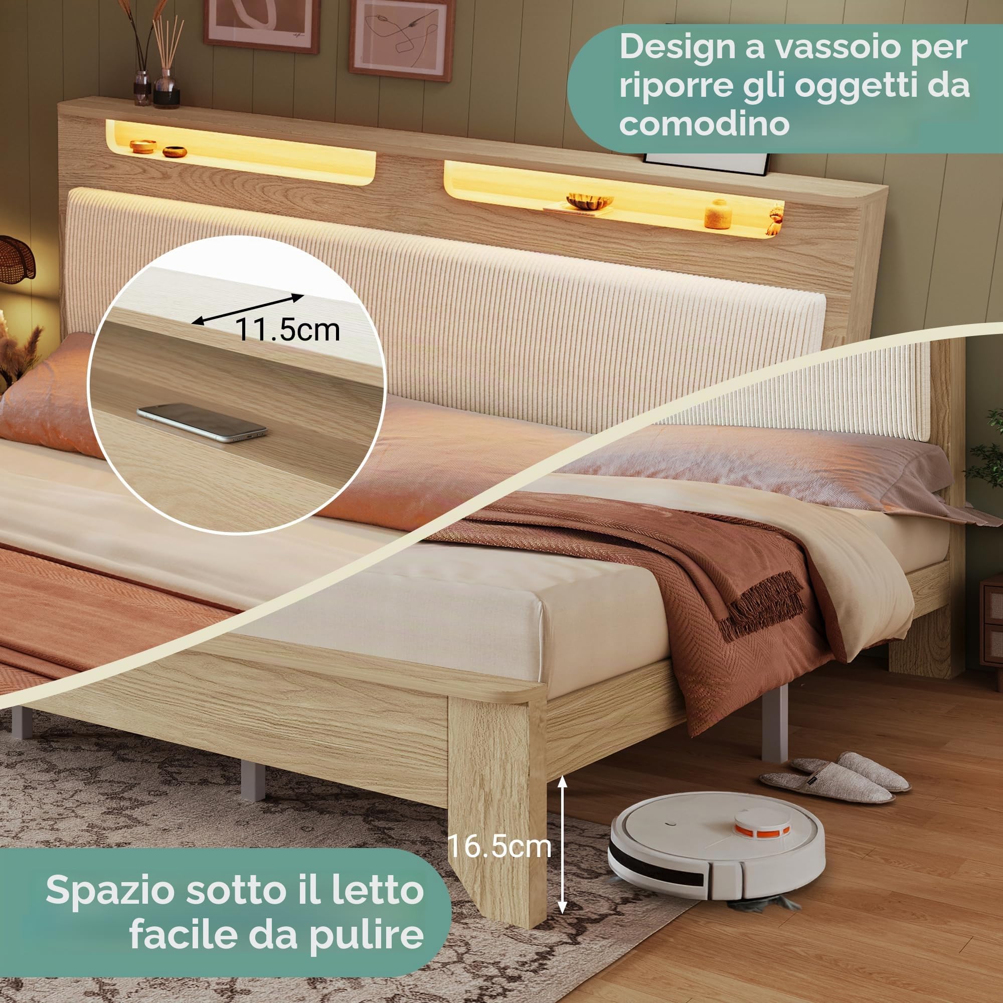 REXO Letto matrimoniale in legno 180×200cm, testiera con vano portaoggetti, illuminazione a LED e schienale imbottito in corda beige, telaio del letto con doghe in legno, rovere chiaro (senza