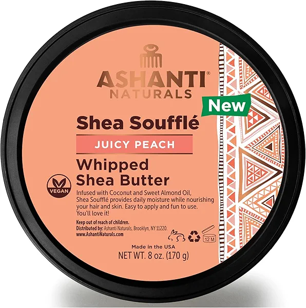 Ashanti Naturals Scented Whipped Shea Butter for Skin | African Body Butter for Women w/Coconut, Almond Oil (Juicy Peach Souffle, 8 oz)