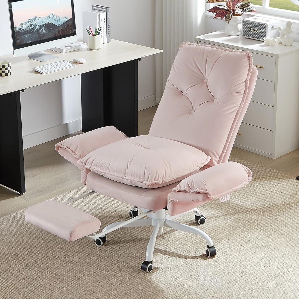 Bestier Criss Cross Office Chair with Flip-Up Armrests, High Back Executive Chair with Footrest & Wheels, Cross Legged Desk Chair for Home Office, Light Pink Velvet
