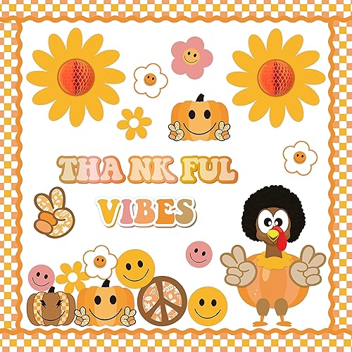 Miniatura 1 de Xqumoi 91 tablones de anuncios de pavo de otoño retro Groovy Thankful Vibes, decoraciones hippie de otoño con margaritas de calabaza para dar