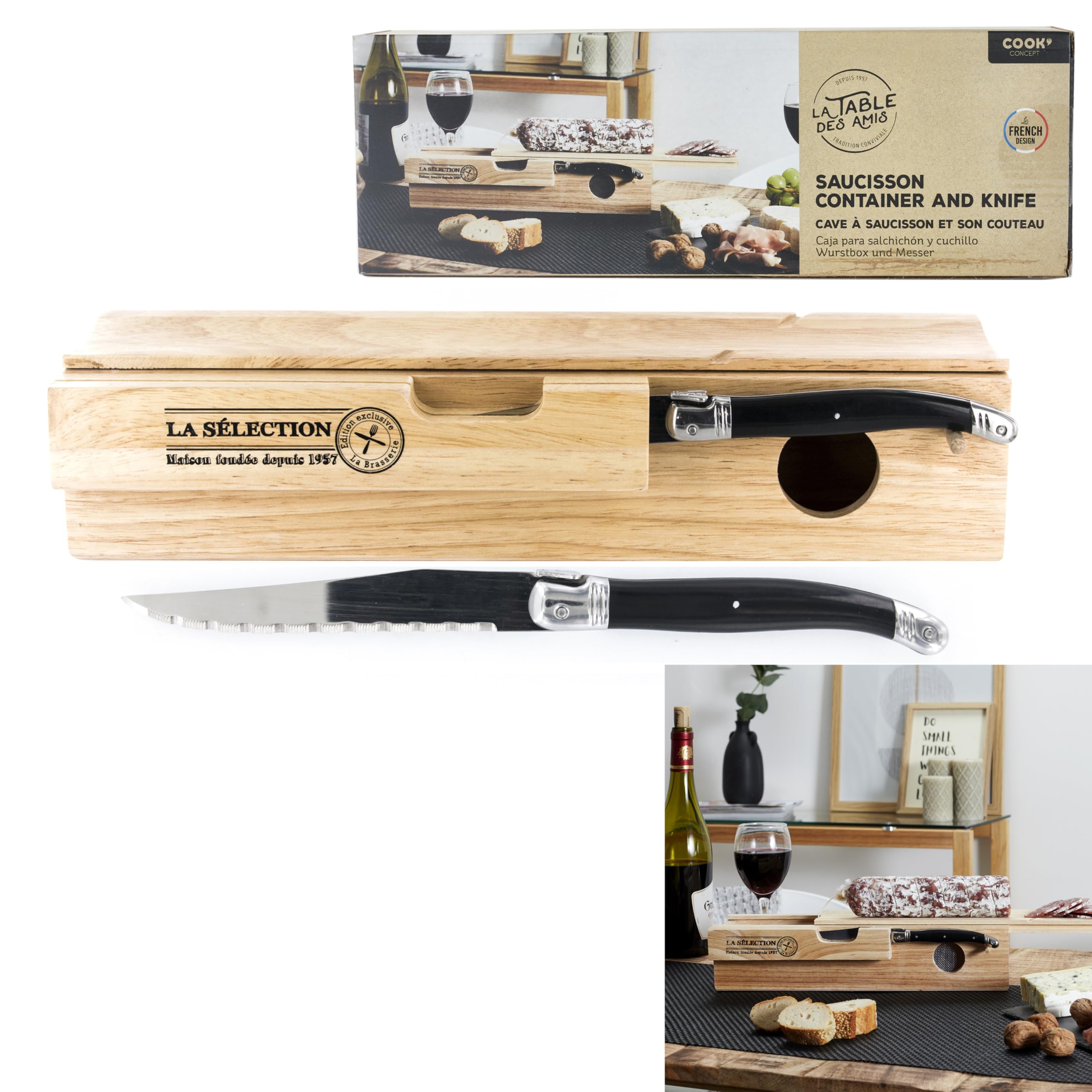 COOK CONCEPT Scatola per Salsicce Laguiole con Coltello, Beige
