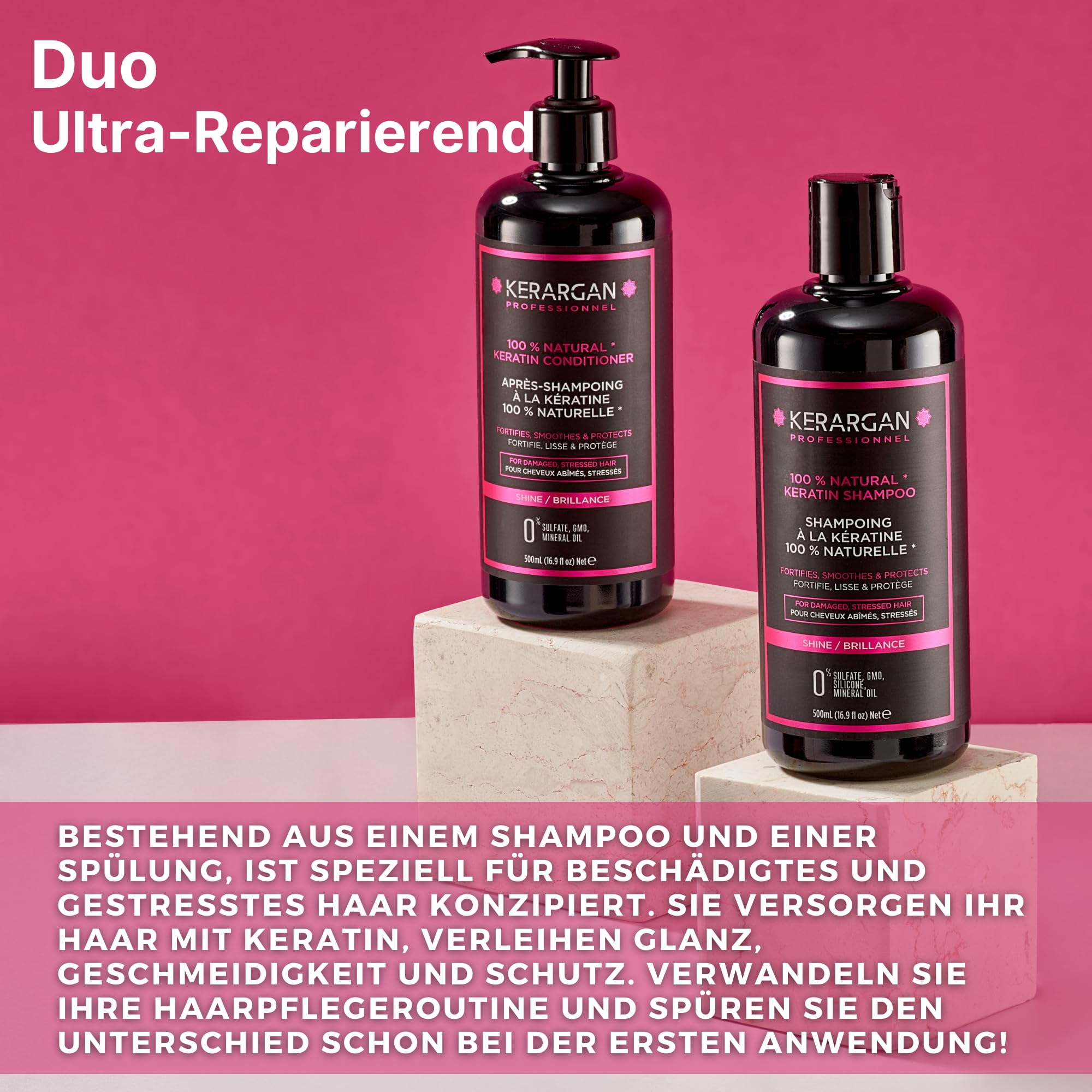 Kerargan - Duo Ultra Reparatur Shampoo & Spülung mit Keratin für strapazierte und gestresste Haare - Stärkt, Glättet & Schützt - Ohne Sulfate, GVO, Silikone - 2x500 ml