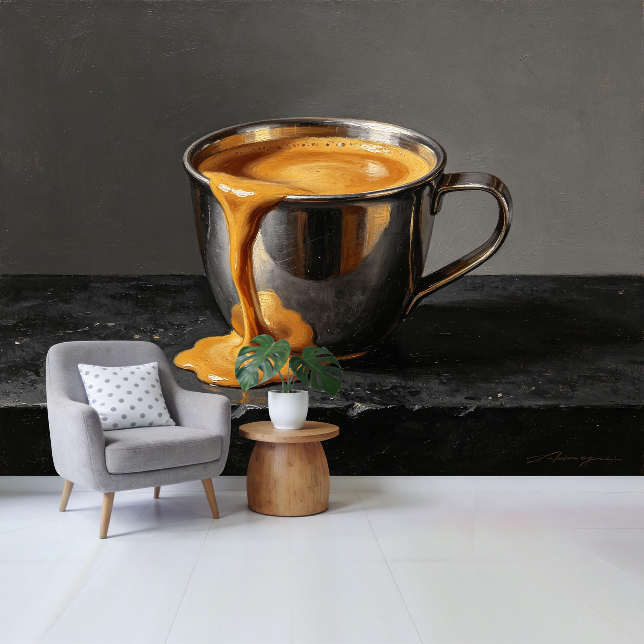 Qzlithotic Yq2605250611 Custom Size Wall Mural Spilled Espresso Coffee Cup Oil Painting Modern Minimalist Art Selfadhesive Wall Fabric Removable Wallpaper For Home Office Decor