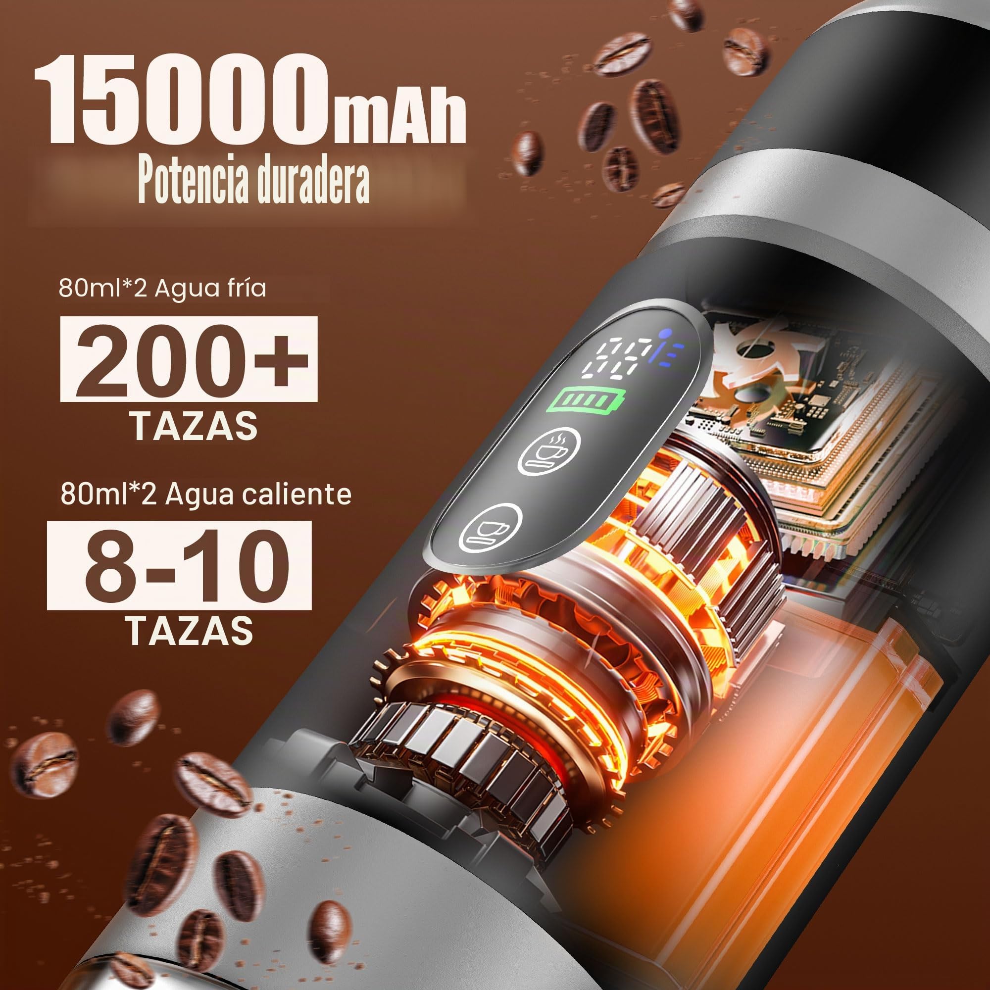 Cafetera Portátil 3 en 1 con Batería Extraíble Recargable 15000mAh, Máquina de Café Portátil 20 Bar Autocalentable con Pantalla LED, Compatible con Cápsulas y Café Molido, Ideal para Viaje, Camping