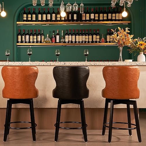Miniatura 6 de CUYOCA Taburete de bar giratorio de altura de mostrador con respaldo de ala de remache y patas de marco de madera, taburetes de bar tradicionales