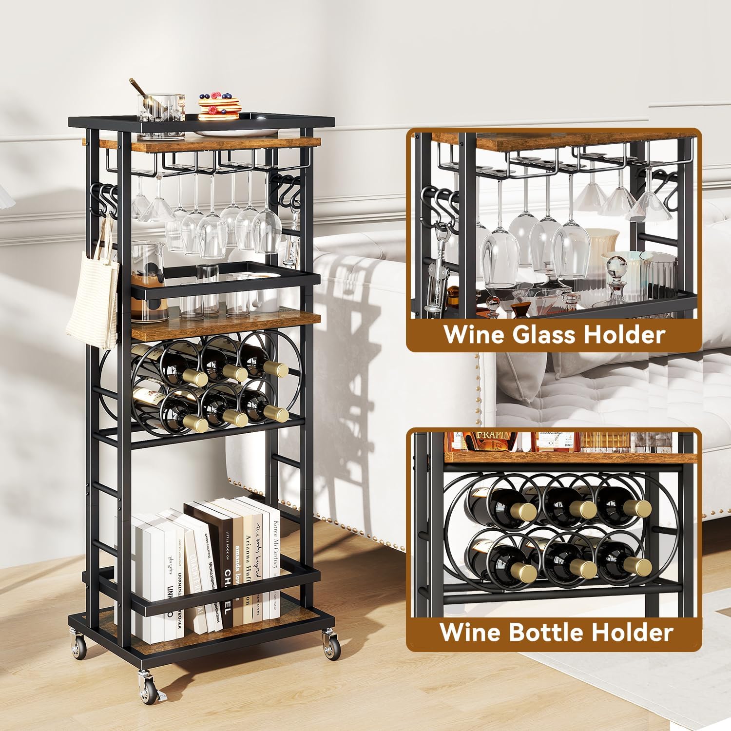 IBUYKE 4-Tier Wine Car Cabinet with Wheels,Wine Rack Freestanding Floor, Bar Cart for Liquor Whiskey Wine,Versatile Wine Bottle Display Shelf,Mini Bar for Home Living Room,Rustic Brown UTMJ912H
