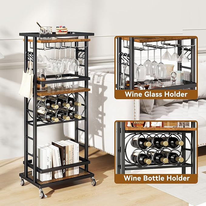 IBUYKE Soporte para Vinos con Ruedas, Estante Bar, Marrón miniatura 6