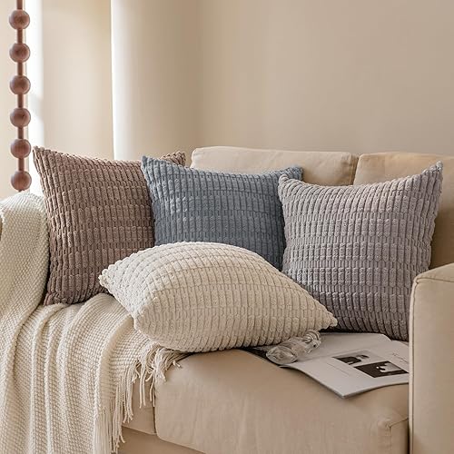 Miniatura 7 de Softalker Juego de 4 fundas de almohada de pana suave a rayas bohemias de 22 x 22 pulgadas, fundas decorativas modernas para sofá, dormitorio y sala