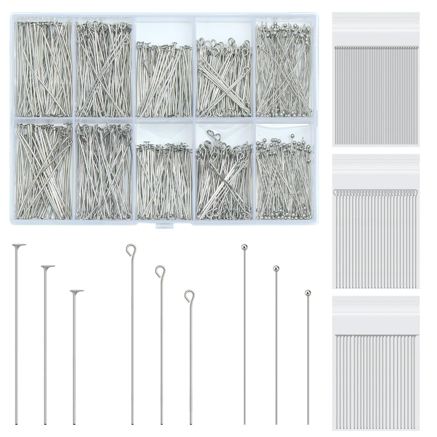 1080pcs Silver Eye Pins for Jewelry Making, 30/40/50mm Stainless Steel Flat Head Pins for erring, Straight Ball pins for DIY Crafts and Pendants