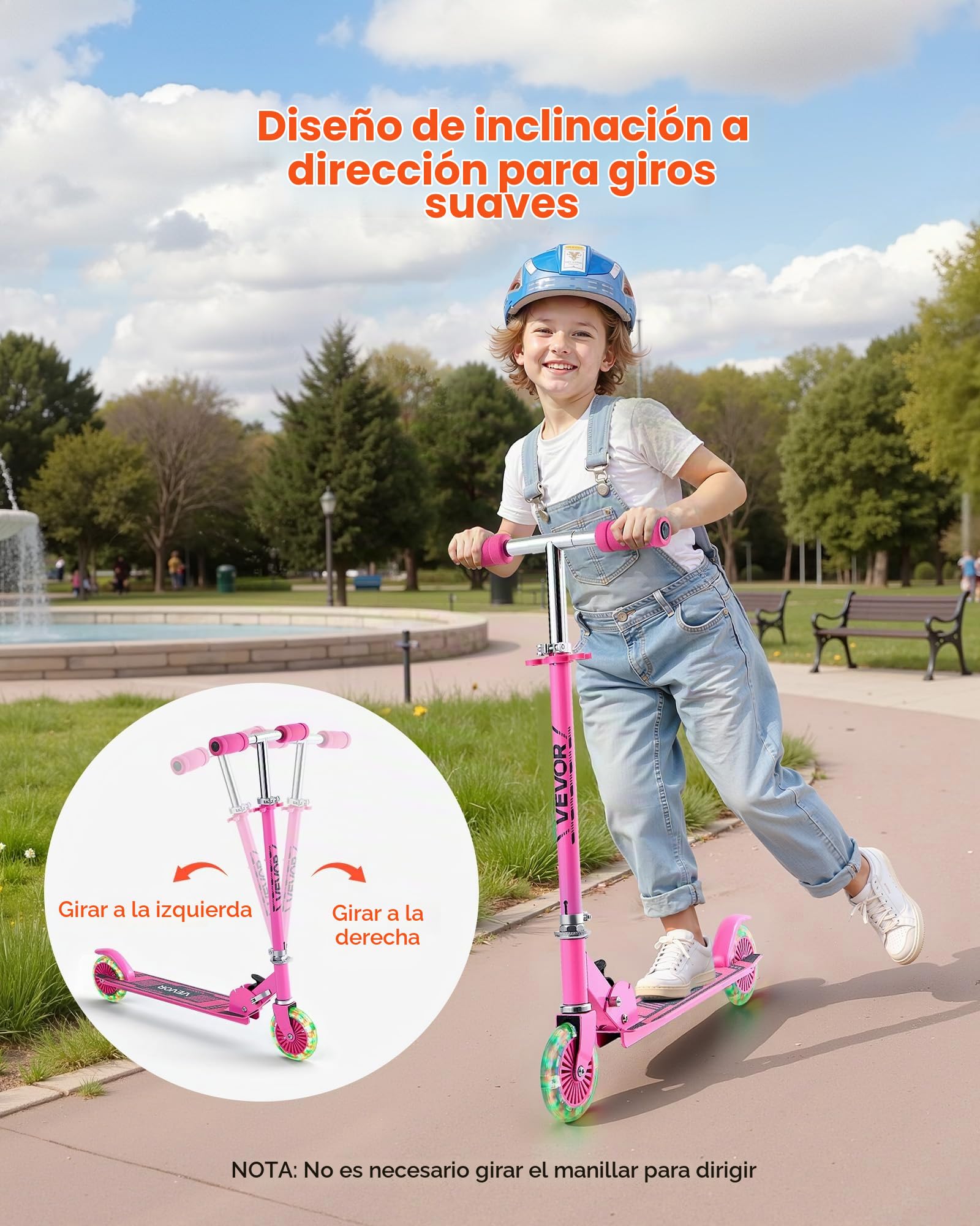 VEVOR Patinete 2 Ruedas, para Niños a Partir de 3 Años, Patinete Urbano Infantil con Ruedas Iluminadas, Manillar Regulable en Altura, Base Antideslizante y Chasis Plegable, hasta 50 kg, Rosa