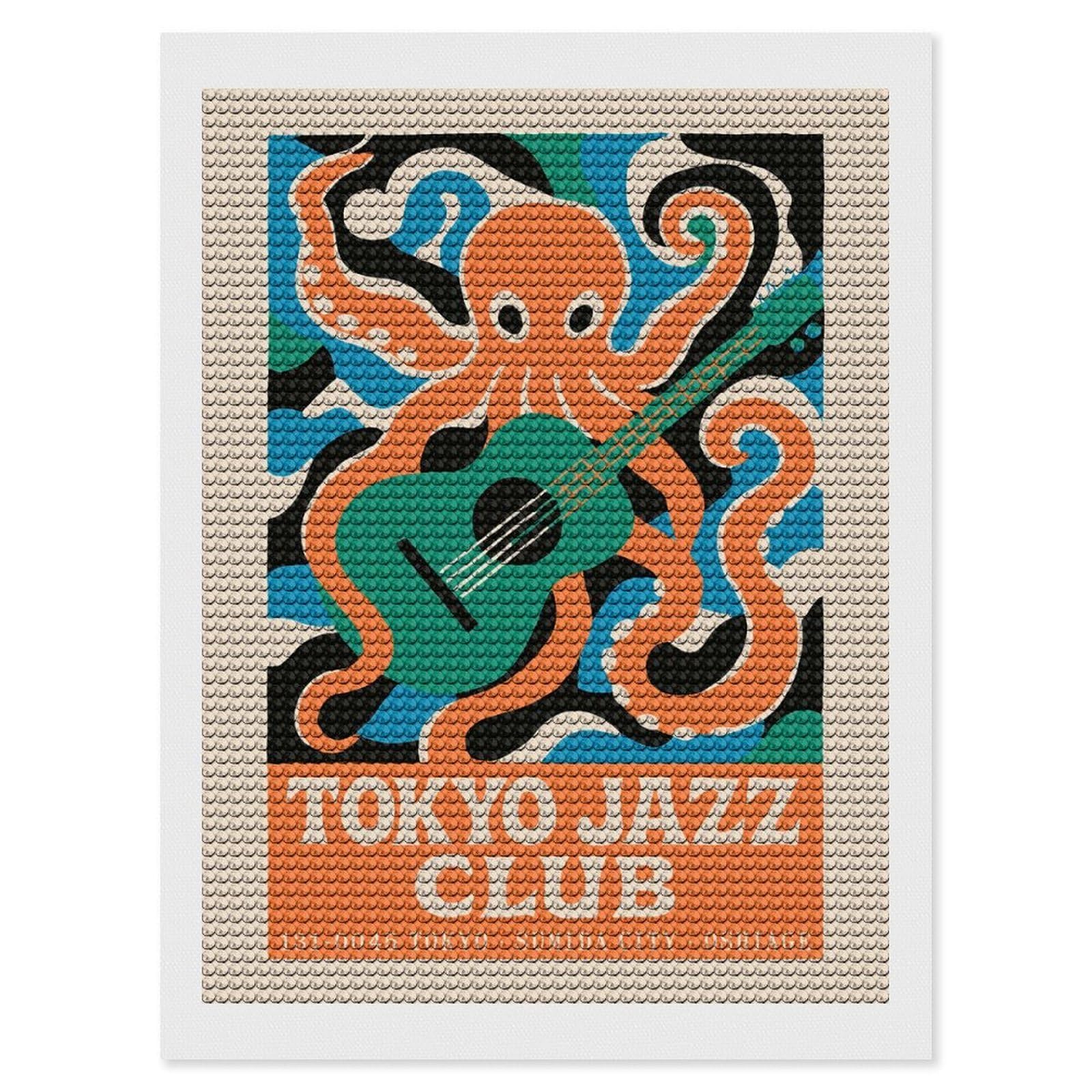 Junmoney Tokyo Jazz Club Octopus Guitar DIY Diamond Art Canvas Kit 12"x16", Adhesive Canvas, Easy to Enjoy, Farmhouse Decor, Festive Craft Gift
