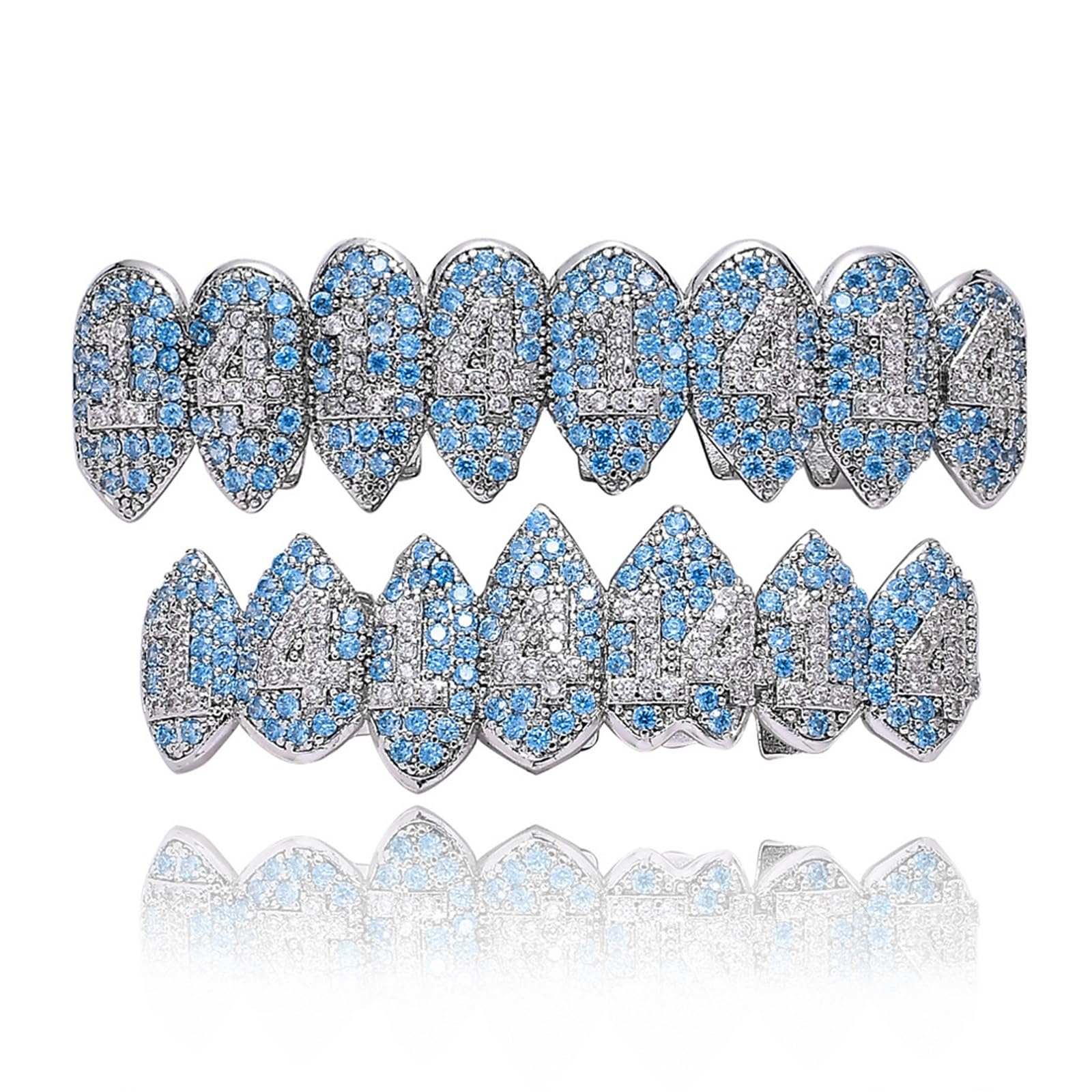 Grillz Hip Hop Placcati Oro con Strass CZ Blu & Bianco - Set di Dentari Superiori & Inferiori Regolabili Brillanti per Feste & Spettacoli