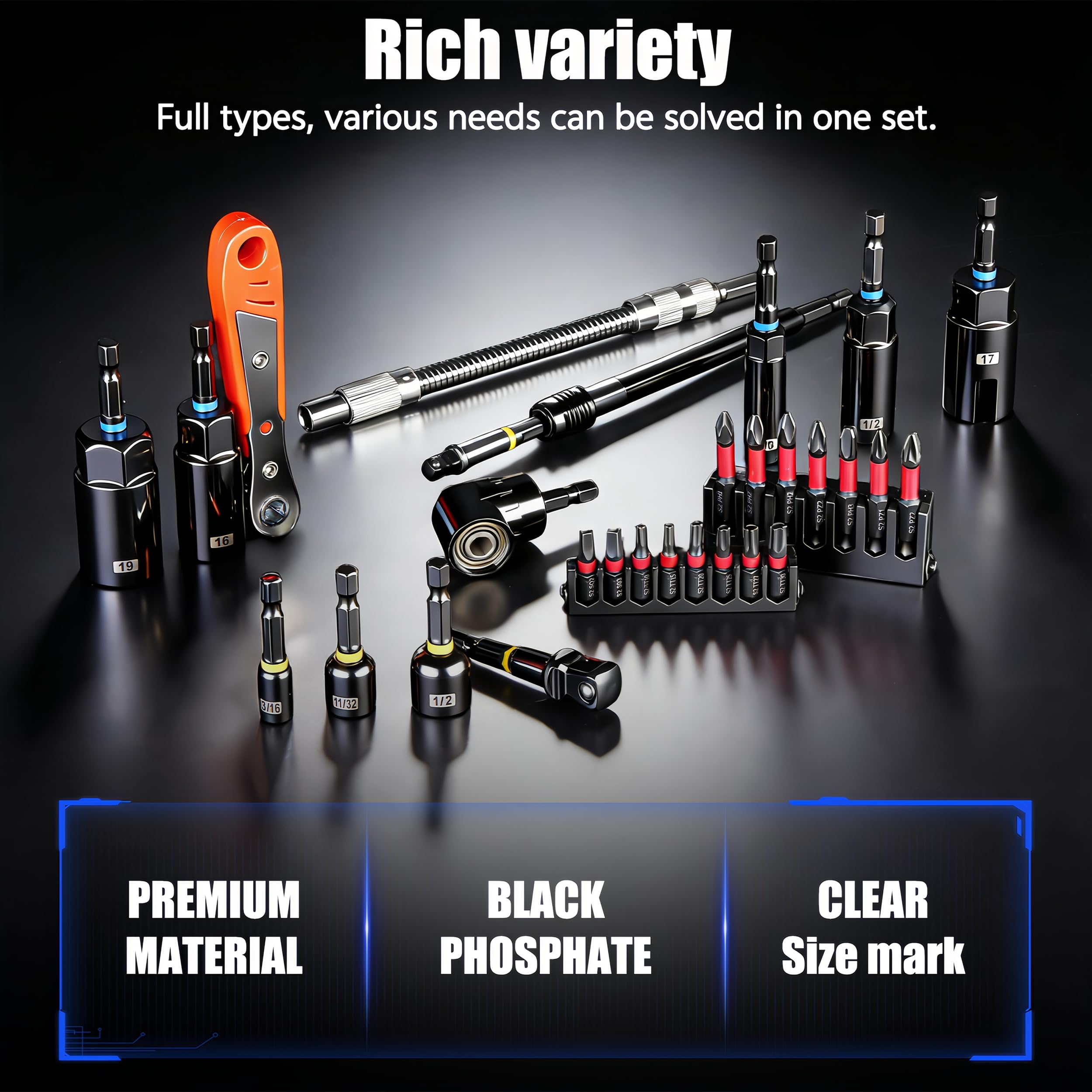 Set di 86 punte per avvitatore a percussione, con codolo esagonale da 1/4", set di chiavi magnetiche e bussole con angolo di 90 gradi, bussole metriche e SAE, barra di estensione flessibile e mini