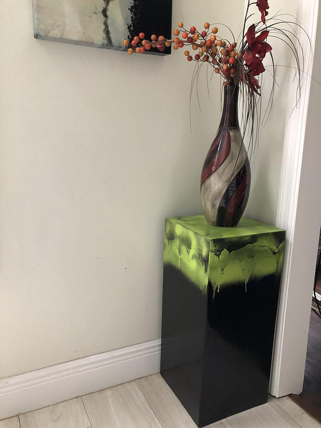 IGC Lime Green/Black Wood Pedestal - Flow Art Design - Decorative Distressed Vintage Wooden Modern Art Stand Display Side Table - Handmade Decorative Vintage Wood Modern Art (10")