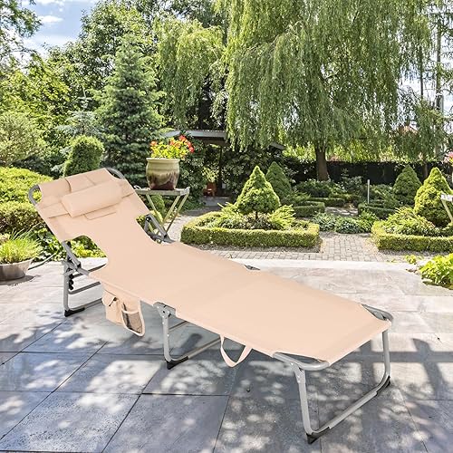 Miniatura 8 de GYMAX Silla bronceadora, tumbona de playa plegable con agujero para el brazo facial, respaldo ajustable, bolsillo lateral, almohada y asa de