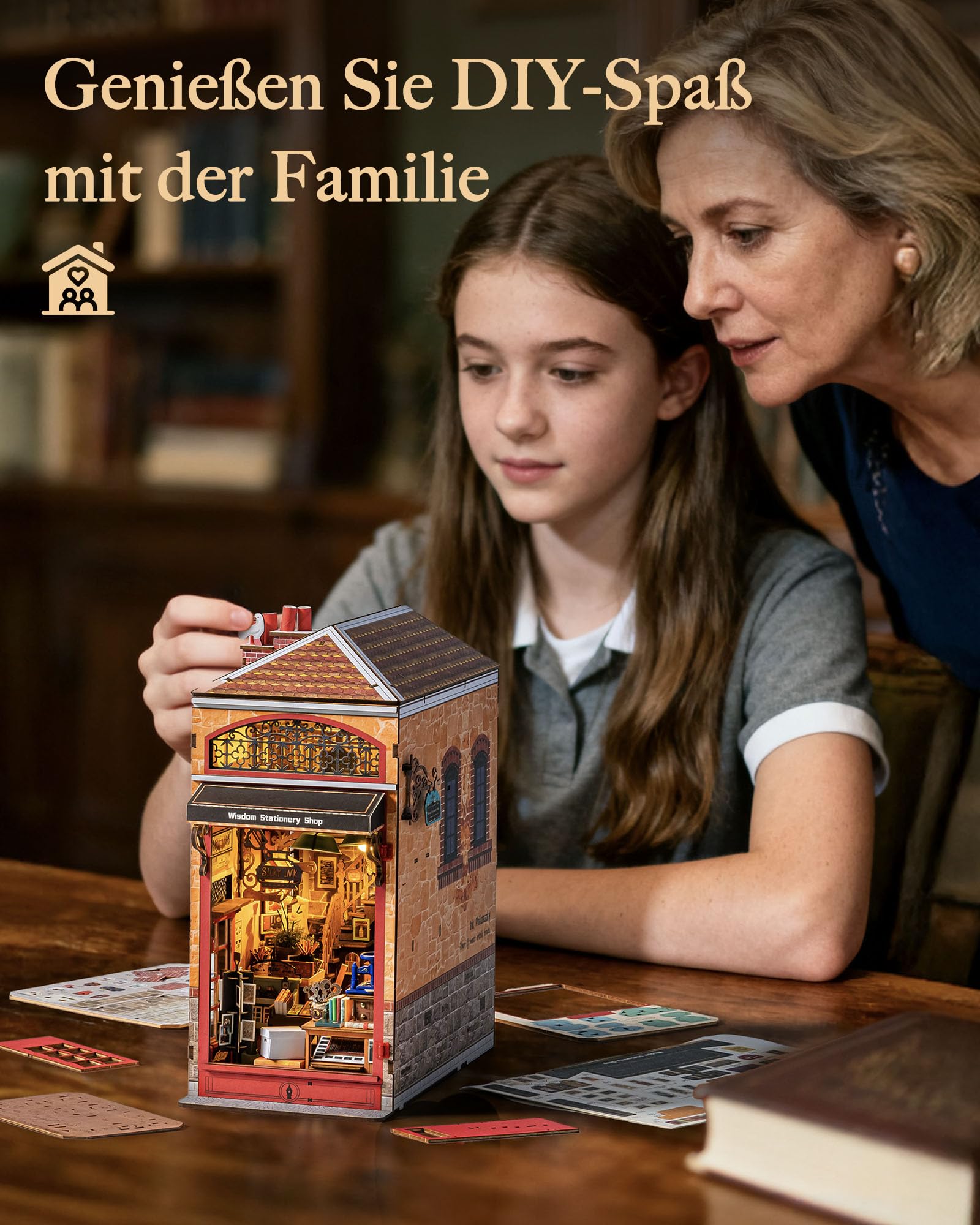 Rolife Wisdom Stationery Shop Book Nook Kit für Erwachsene mit Licht | DIY Miniaturhaus Ohne Kleber, 194-teiliges 3D-Puzzle, Booknook Library Buchstütze Basteln als Haus Dekoration Geschenkidee