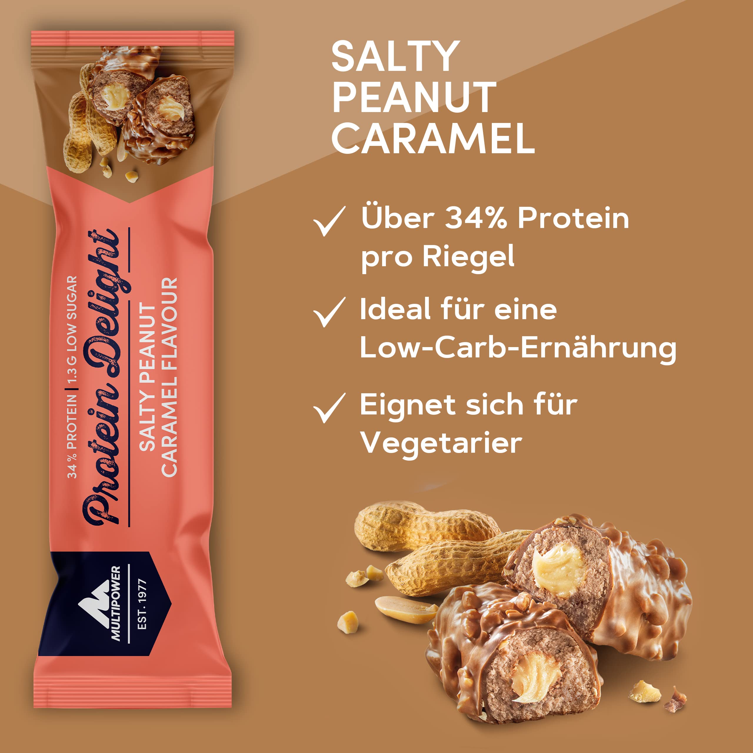 Multipower Protein Delight Eiweißriegel – 18 x 35 g Protein Riegel Box (630 g) – Leckerer Energieriegel – Salty Peanut Caramel (Packung mit 2)