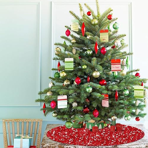 Miniatura 2 de WUPIOS Falda roja para árbol de Navidad, falda de árbol de lentejuelas de 21 pulgadas, falda de árbol de lentejuelas brillantes, faldas de