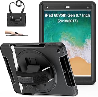 Case for iPad 6th/5th Generation: Military Grade Protective Cover for iPad 9.7 (2018/2017) & iPad Air 2 9.7" with 360° Rotatable Stand- Handle- Shoulder Strap+Pencil Holder- Black