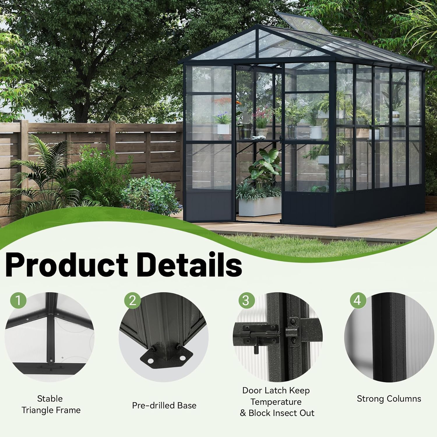 8X10 FT Greenhouses for Outdoors,Polycarbonate Green House for Outside, Automatic On/Off Vent System, Walk in Greenhouses Built-in Shelf & 5 Moveable Hooks, Green Houses for Potting, Flower