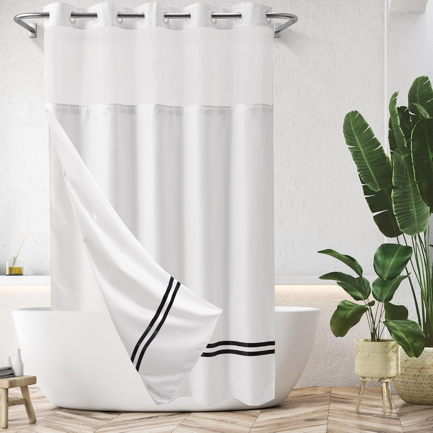 River Dream Shower Curtain with Snap in Liner,No Hooks Needed Shower Curtain for Bathroom,Hotel Grade,Machine Washable,71" Wx74 H, White and Black Stripe and Magnets