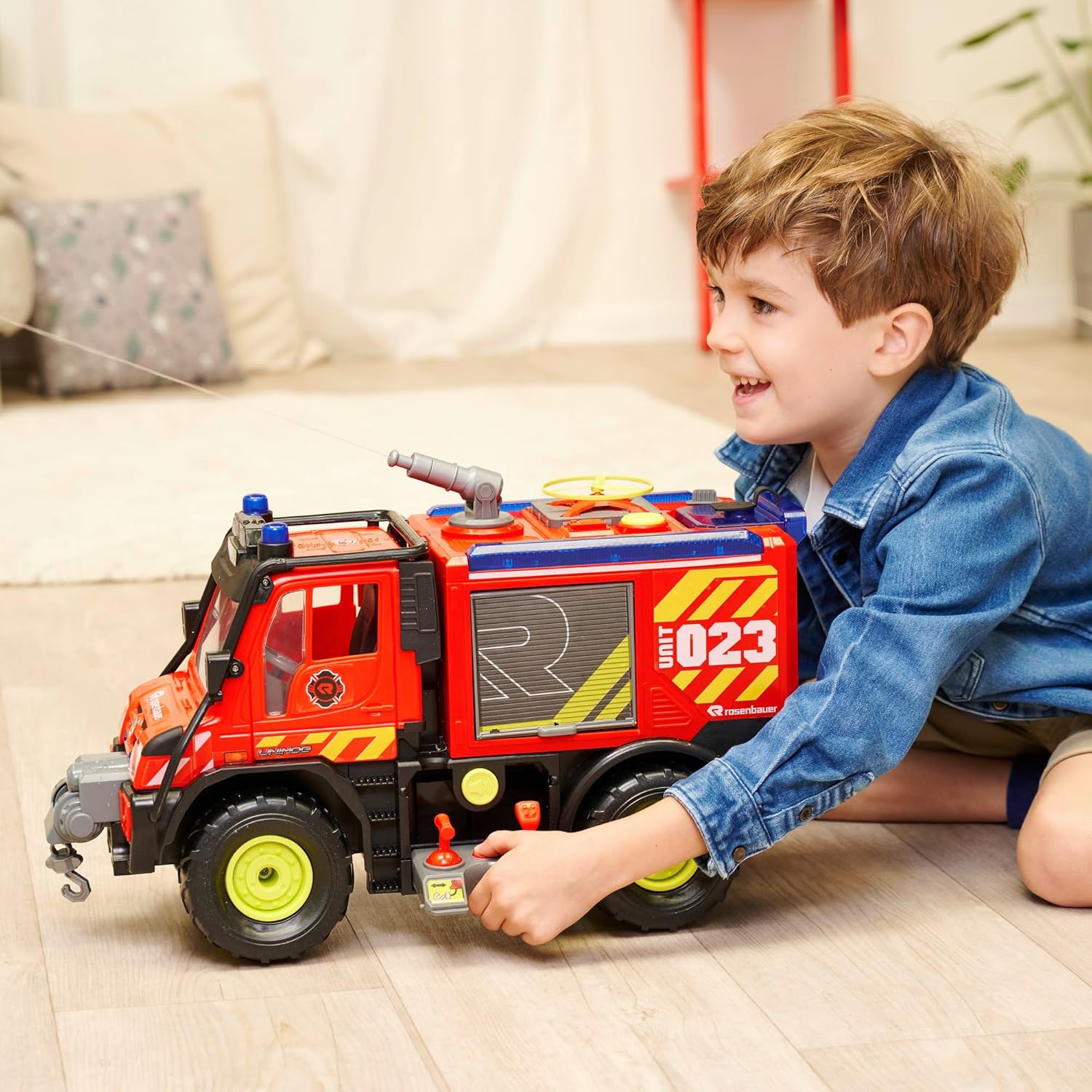 DICKIE TOYS: Mercedes-Benz Unimog Fire Rescue Truck - Red & Yellow - 19" Light & Sound Vehicle, Shoots Water, Includes 2 Flying Drones, Kids Ages 3+