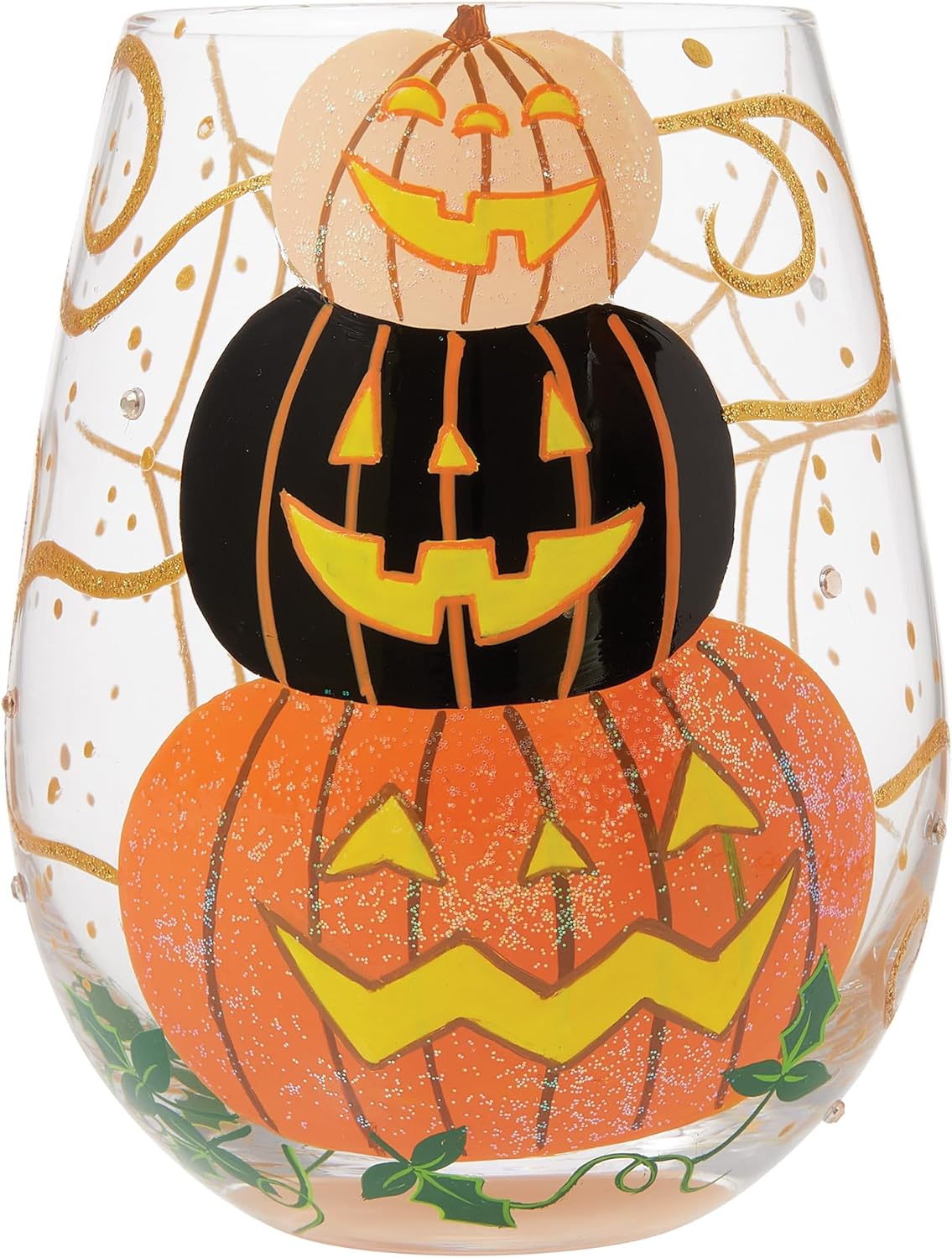 Enesco Lolita Hello Halloween Jack-o-Lanterns Hand-Painted Artisan Stemless Wine Glass, 20 Ounce, Multicolor