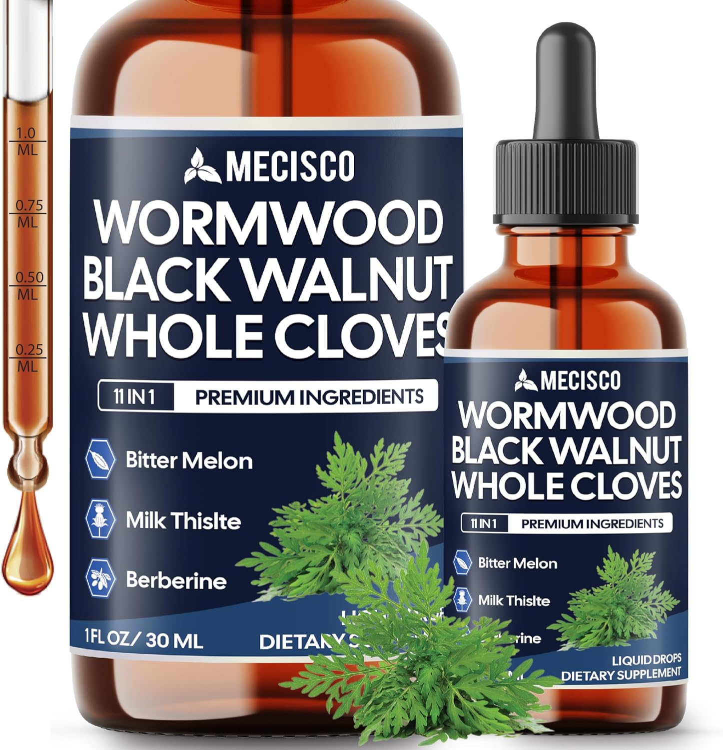 Wormwood Liquid Drops. Combined to Black Walnut, Whole Cloves, Berberine, Milk Thislte, Bitter Melon and 5 More Herbs. 11-in-1 Wormwood Liquid Drops - 60 Days Supply