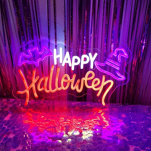 Miniatura 3 de Letreros de neón de Feliz Halloween para decoración de pared, 15.94 x 9.65 pulgadas, luces de neón LED con regulable, perfecto para Halloween,