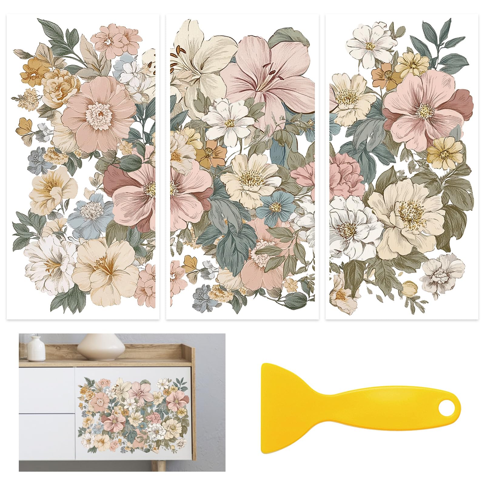 HICOHAND Floral Rub On Transfers for Furniture and Crafts, 3pcs Large Vintage Flowers Transfers Stickers Waterproof Decals for Bookcase Wardrobe DIY Home Door