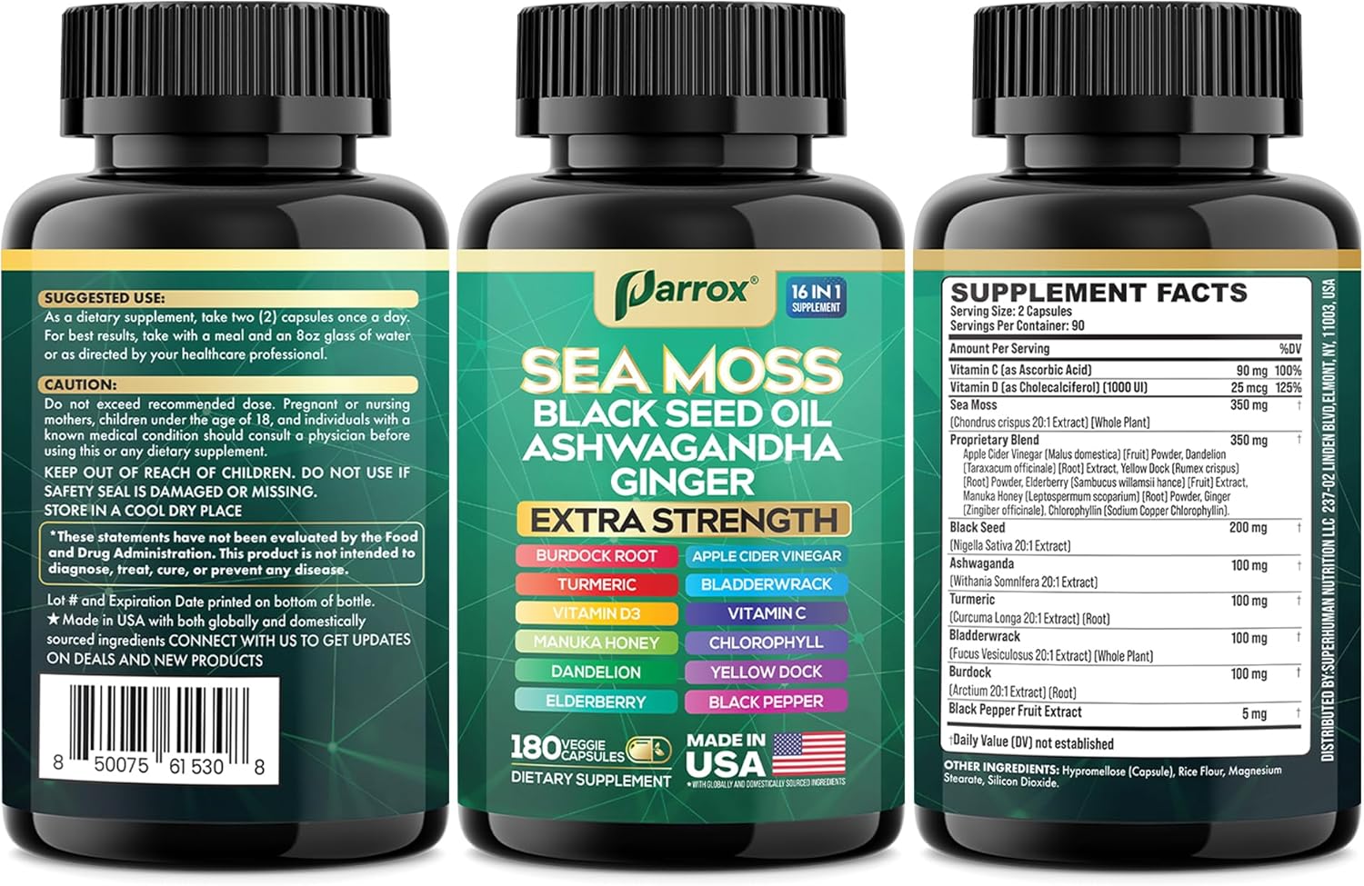 Sea Moss, Black Seed Oil, Ashwagandha, Turmeric, Chlorophyll, Dandelion, Ginger, Vitamin D3, Black Pepper, Elderberry, ACV, Yellow Dock, Burdock Root, Manuka, Vitamin C, Bladderwrack (180 Caps)