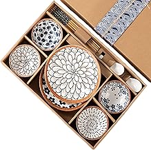 Plates and Bowls Set | Crockery Dinner Set | 4 Pcs Ceramic Bowl, 2 Plates, 4 Chopsticks, 4 Spoons for Cereal, Soup, Pasta, Oatmeal, Salad, Rice | Microwave and Dishwasher Friendly (14 Pieces)