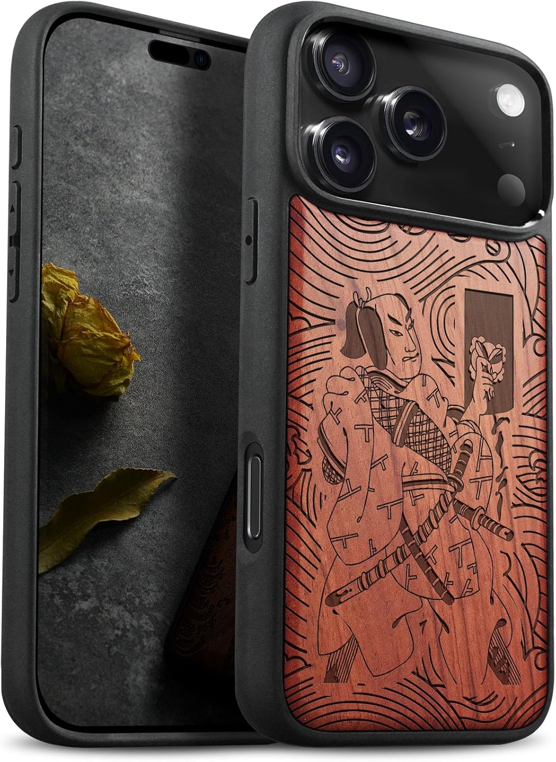Carveit Magnetic Wooden Case for iPhone 17 Pro Max Case, Wood Artisan Engraved & Black Soft TPU Shockproof Cover, Compatible with MagSafe Wireless Chargers (Japanese Samurai) Rosy